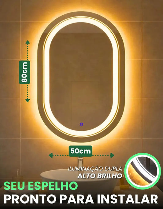 Espelho Oval LED 80x50 Touch Screen Para Maquiagem Luz Frente e Atrás