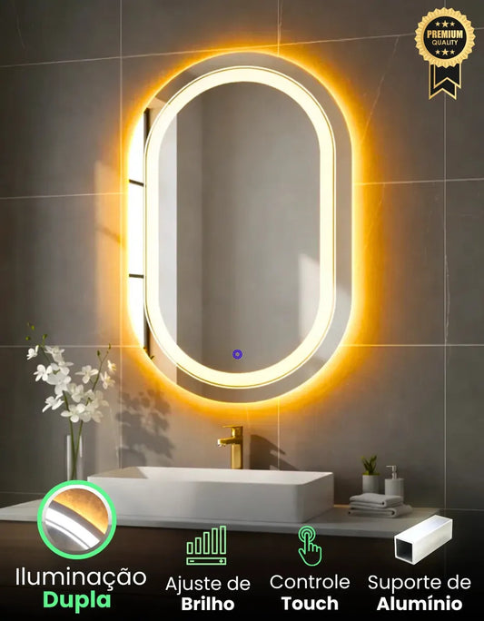 Espelho Oval LED 80x50 Touch Screen Para Maquiagem Luz Frente e Atrás