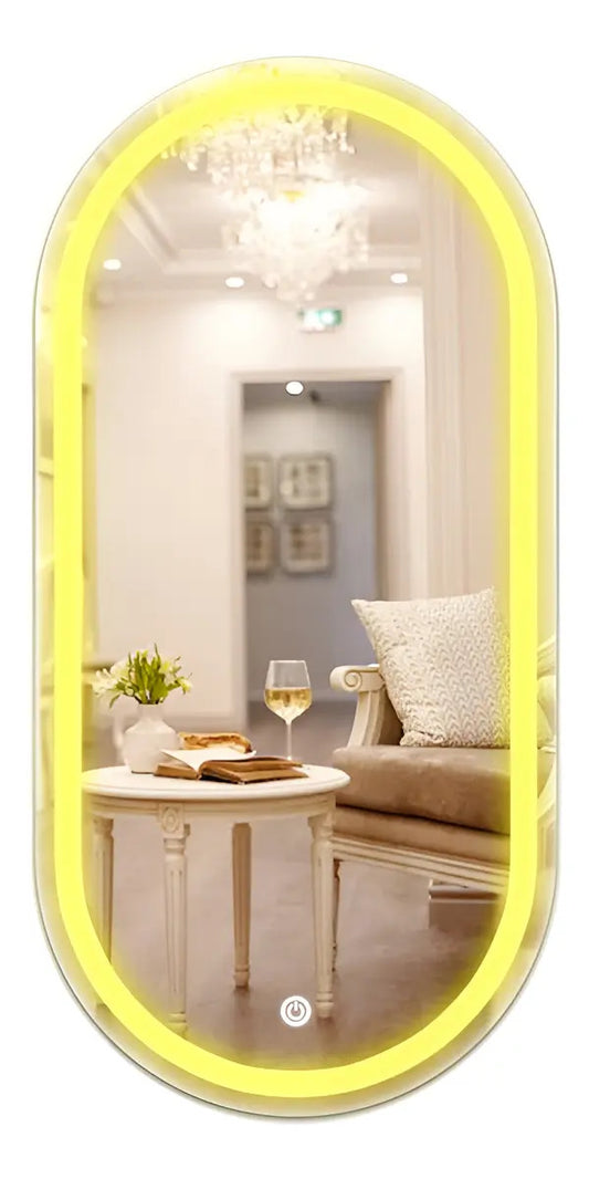 Espelho Oval Jateado Com Led 50x80 Lapidado Moldura Branco Quente